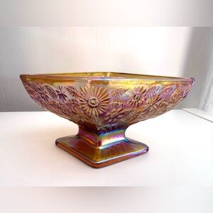Iridescent Carnival Glass Floral Diamond Shaped Pedestal Dish